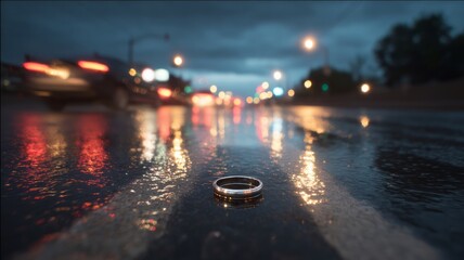Lost ring on wet urban street at night. AI image