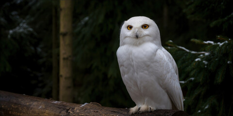 Bird prey log perched snowy white owl wildlife animal winter snow forest nature wild animal sitting watching alert eye head beak feather branch wood natural light outdoors habitat portrait animal