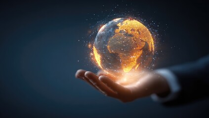 Illuminated globe with glowing connections held in a hand, dark background