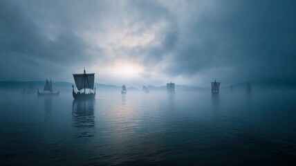 Viking ships sailing in foggy waters at dusk. AI image