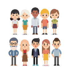 Set of diverse vector people. Men and women, young and old, different poses. Cute and simple modern flat cartoon style.