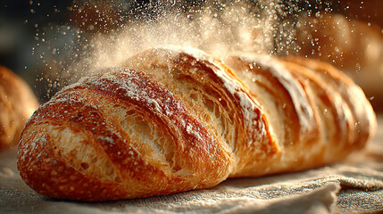 Freshly baked, crusty bread with a golden-brown exterior and dusted with flour.