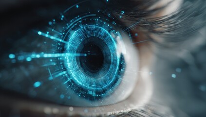 Close-up of a human eye with digital blue holographic data overlay