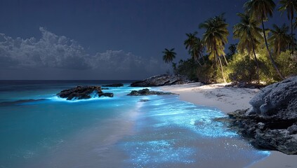 Obraz premium Bioluminescent ocean glows on a sandy beach with palm trees at night