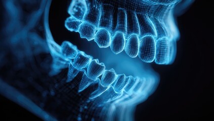 Wireframe digital scan of human teeth, glowing blue against black