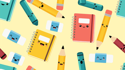 Seamless Pattern of Cute Stationery Items with Happy Faces, Ideal for Children's School Supplies and Creative Projects