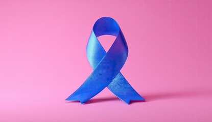 A single, vibrant blue awareness ribbon stands upright on a plain pink background