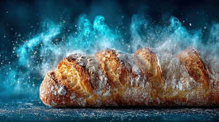 Baked bread with steam rising, resembling a lava eruption, on a dark surface.