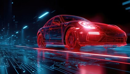 Red digital automotive wireframe speeds through futuristic circuit board landscape