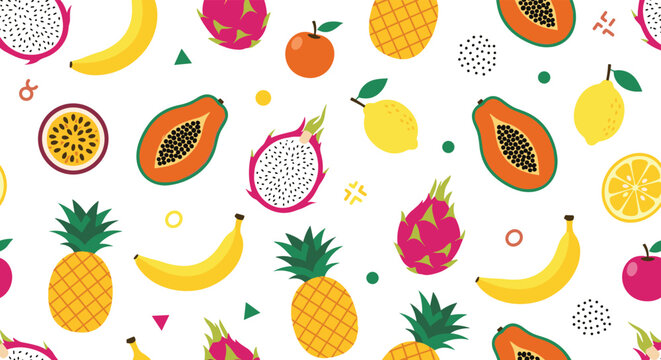 Vibrant and colorful seamless pattern featuring a variety of tropical fruits like pineapple, banana, papaya, and dragon fruit.