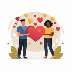 Fototapeta premium Couple holding a large heart together surrounded by floating hearts in a romantic illustration