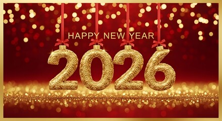 Happy New Year 2026 luxury background with hanging golden 3D swirl patterned numbers and red ribbons on festive bokeh, Generative AI illustration.