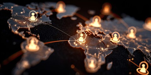 Global network of glowing people icons connected across a digital world map