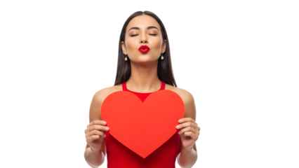Woman in red dress holding a red heart shaped card smiling sweetly isolated on transparent background