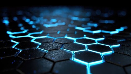 Abstract hexagonal grid with glowing blue lines on a dark background