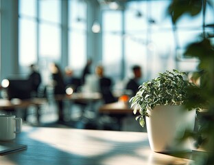 Bright, sunlit office interior with blurred figures and green plant on desk