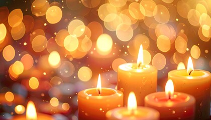 Close-up of softly glowing candles with vibrant flames, set against a blurred background of warm, golden bokeh lights and floating particles