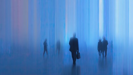 Blurred figures walk through a bright, blue, abstract corridor