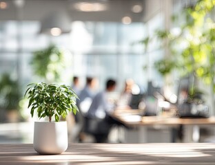 Lush plant in foreground, blurred office with people working