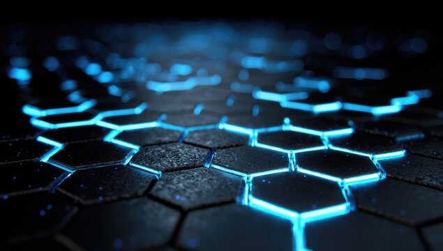 Abstract hexagonal grid with glowing blue lines on a dark background - Powered by Adobe