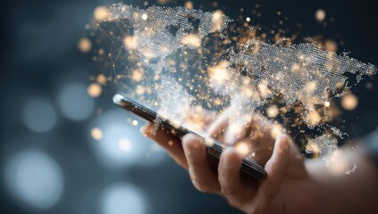 Global digital network emerging from a smartphone held in a hand