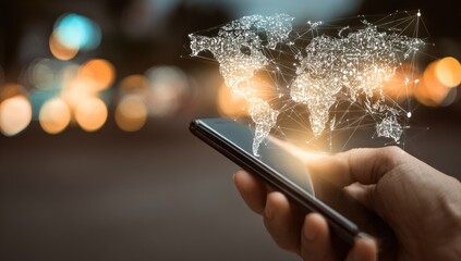 Global connections from a handheld device with a bokeh background