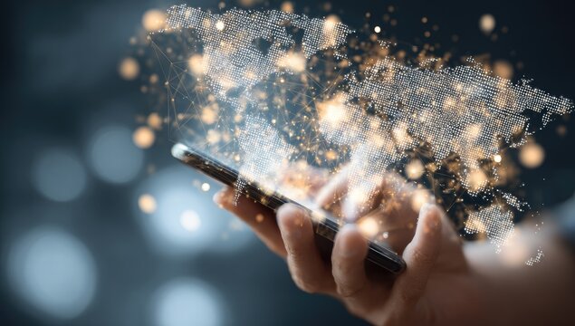 Global digital network emerging from a smartphone held in a hand - Powered by Adobe