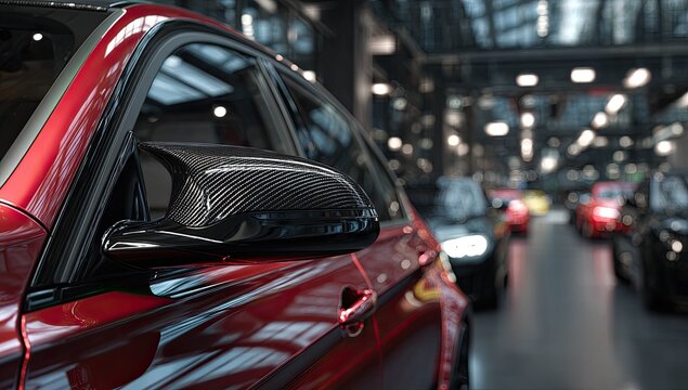 A shiny red car's side mirror with carbon fiber, in a showroom