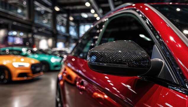Close-up on a glossy red vehicle's side mirror with other cars
