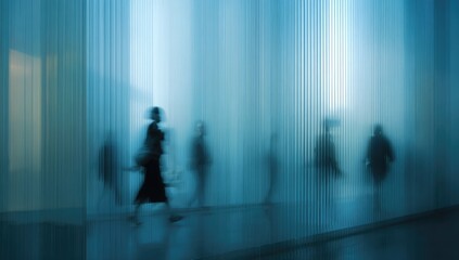 Blurred figures walk through a softly lit, vertically ribbed, blue translucent hallway