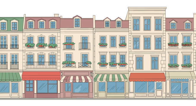 Charming seamless illustration of a classic European city street with detailed historical buildings and storefronts at ground level.