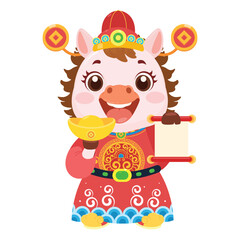 Cheerful cartoon horse in festive attire waving happily.