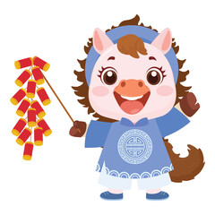 Cheerful cartoon horse in festive attire waving happily.