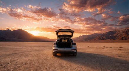 Open-backed vehicle sits in arid desert landscape at sunset