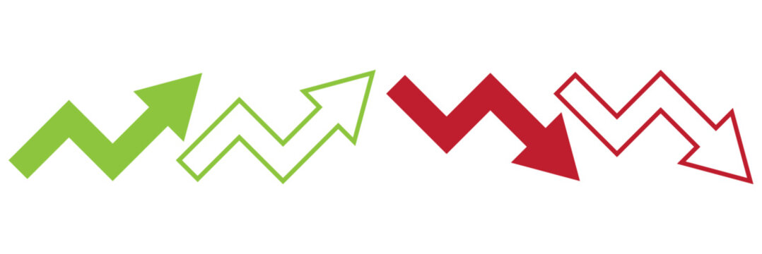 Trend icon. Upward and downward arrow graph symbol. Finance data UI sign. Opposing red downward and green upward trend arrows. Business growth pictogram on Transparent Background