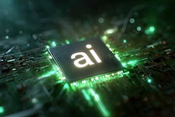 Glowing AI chip on a circuit board with intricate pathways