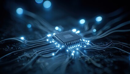 High-tech circuit board with glowing connections, abstract, dark, futuristic, digital