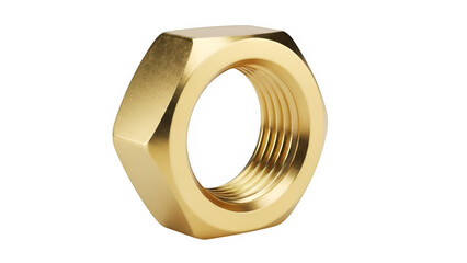 Golden hexagon nut showing internal thread, isolated on white or transparent background. PNG