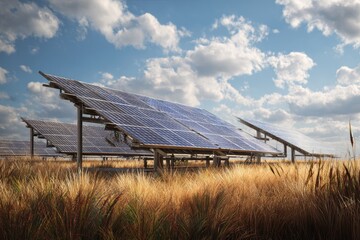 Rows of solar panels stand in a field of tall, golden grass under a cloudy sky