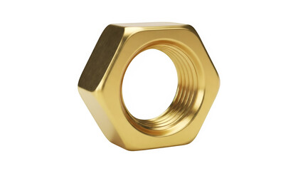 Golden hexagon nut showing internal thread, isolated on white or transparent background. PNG