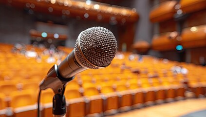 Microphone stands on stage before an audience in an empty, warm, amber-lit auditorium