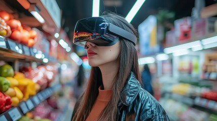 A customer wearing augmented reality (AR) glasses in a retail environment, guided by AI recommendations