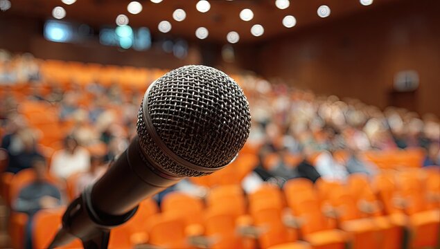 Microphone in focus in front of an audience in an auditorium
