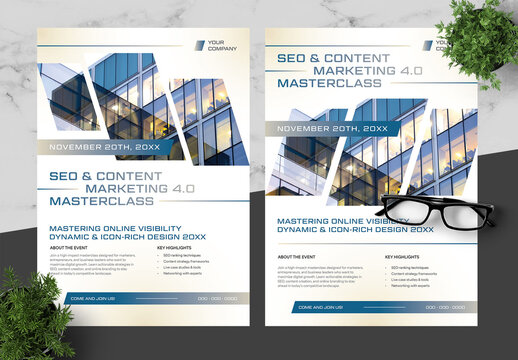 Clean SEO Marketing Event Flyers With Blue, Beige, and White Accents for Digital Masterclasses