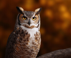 Perched bird prey fall season birding seasonal tree branch owl wildlife animal nature forest autumn leaf brown leaves foliage colorful watching alert eye head beak feather natural light outdoors