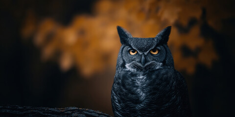 Perched bird prey fall season birding seasonal tree branch owl wildlife animal nature forest autumn leaf brown leaves foliage colorful watching alert eye head beak feather natural light outdoors