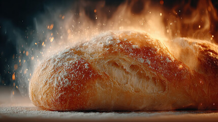 Bread with a crispy crust, dusted with flour, glowing in warm light.
