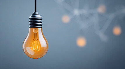 Warm glowing filament light bulb hanging in minimalist setting