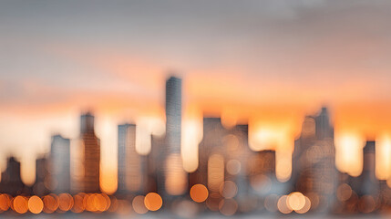 City skyline at golden hour with bokeh lights