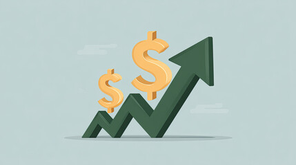 Green upward arrow with rising gold dollar signs showing growth